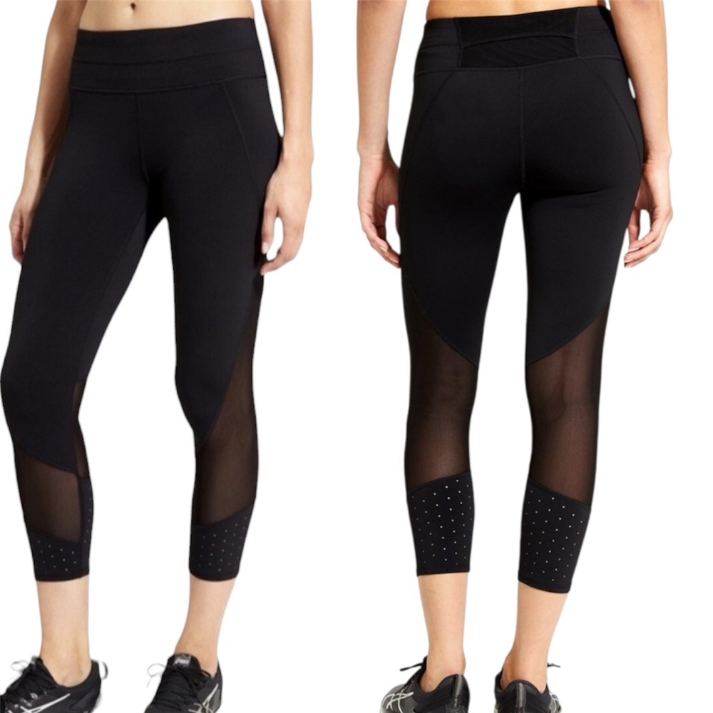 ATHLETA Black Laser Mesh Sonar Capri Leggings Run Active Yoga Athleisure Size S